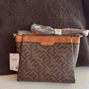 Ellen Tracy Brown Logo Monogram Crossbody with Tan Trim